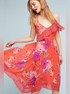 Maeve Anthropologie Red Floral Ruffle Sundress Cold Shoulder Boho Midi Size 4